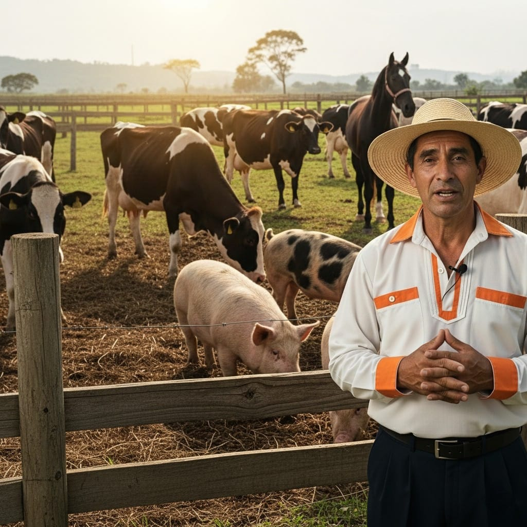 Portada con cerdo, vaca y caballo